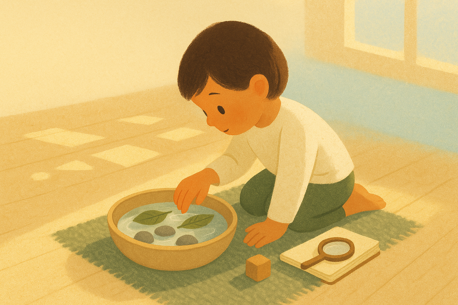 Child exploring with calm curiosity